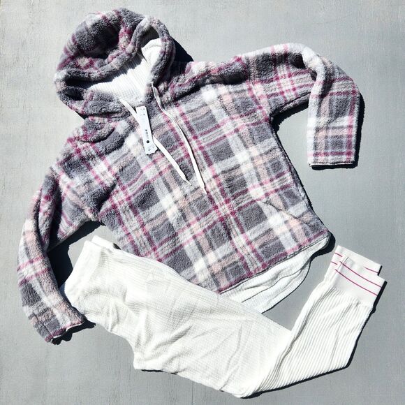Aqua Women Gray/Ivory Plaid Cozy Hoodie & Thermal Pants Lounge Set Size XL - Picture 6 of 8